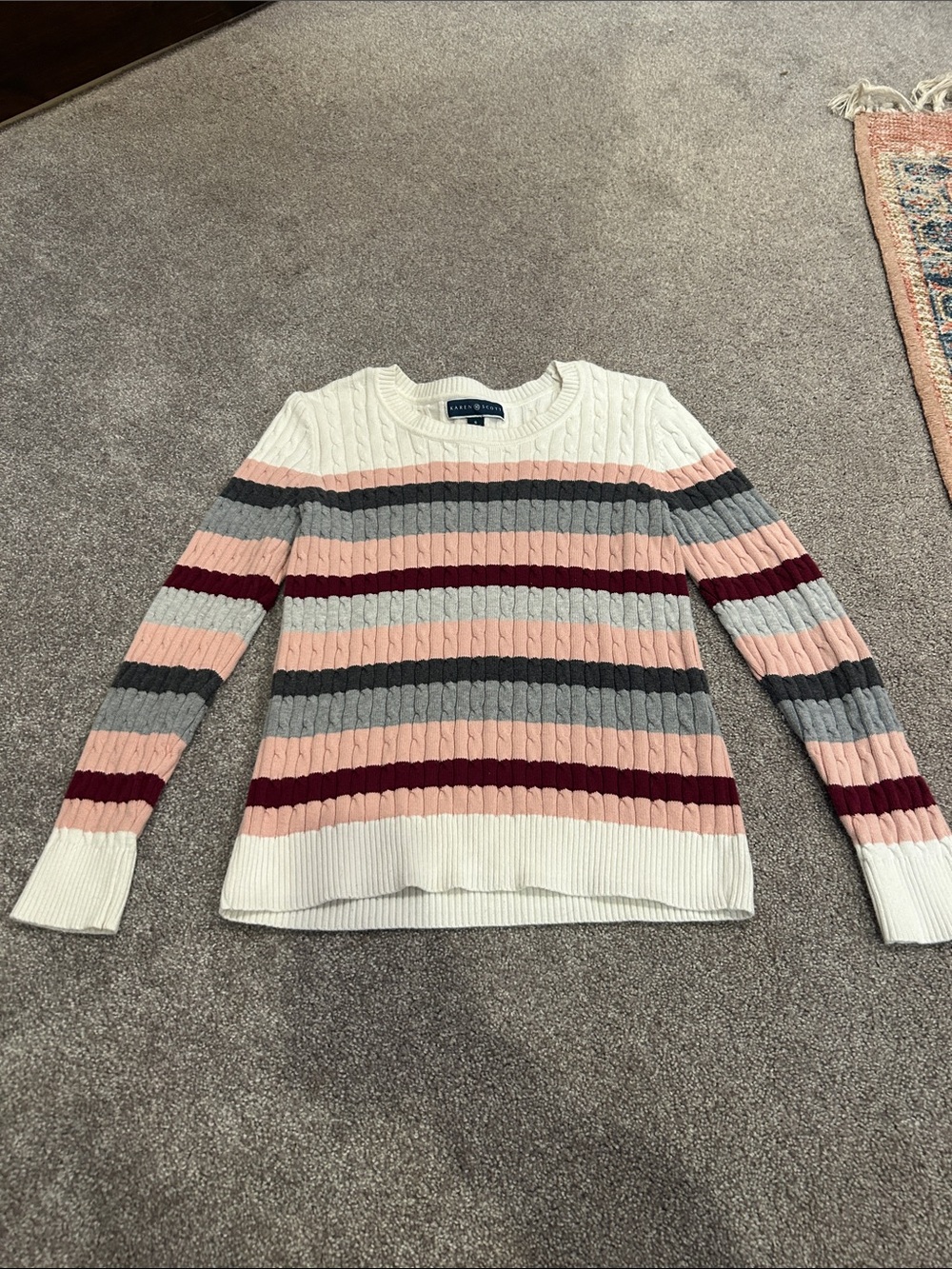 Karen Scott Cable Knit Crewneck Sweater - White, Pink, Gray & Burgundy